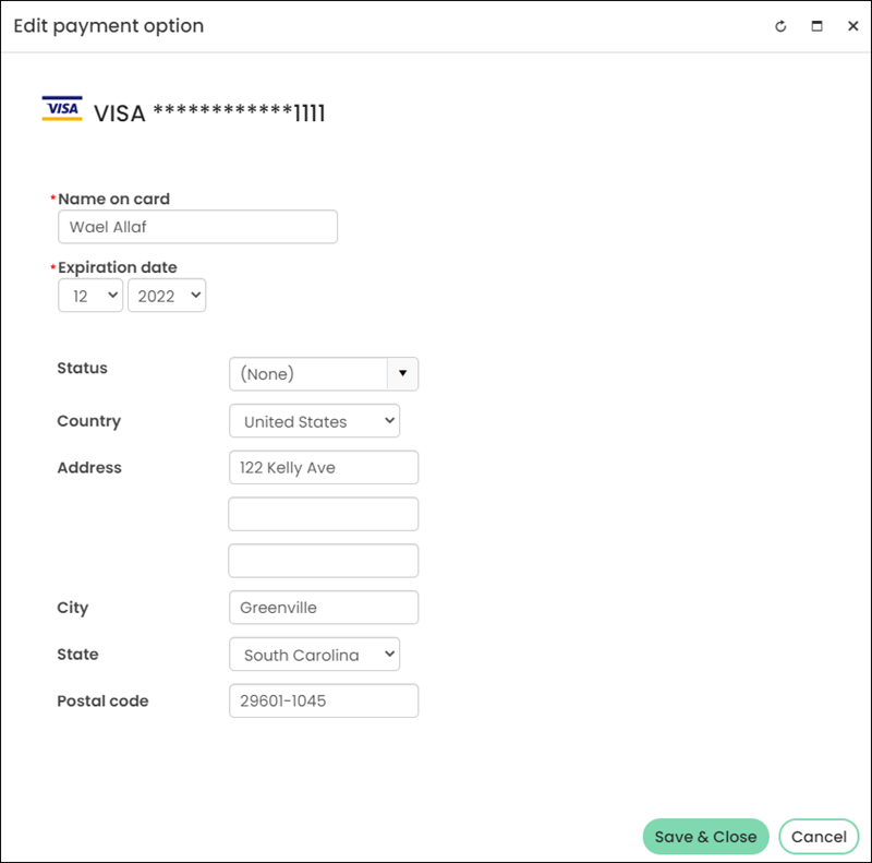 Editing a saved payment option